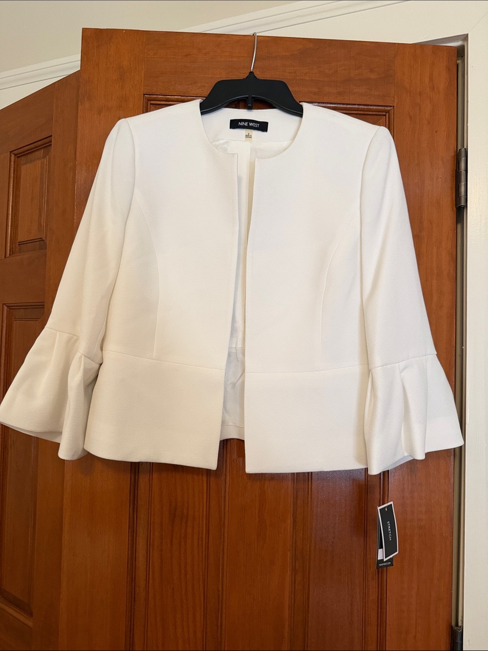 Nine West White Open-Front Blazer with Ruffle Hem Sleeves